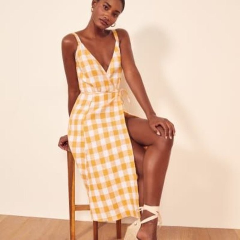Reformation Beverly Dress Yellow Gingham Wrap Dress